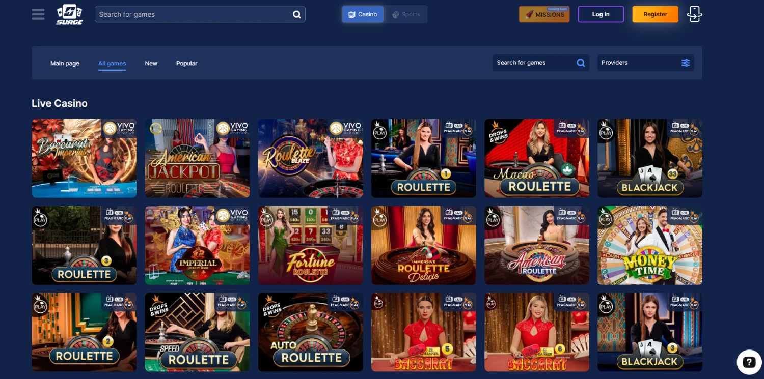 surge live-casino page